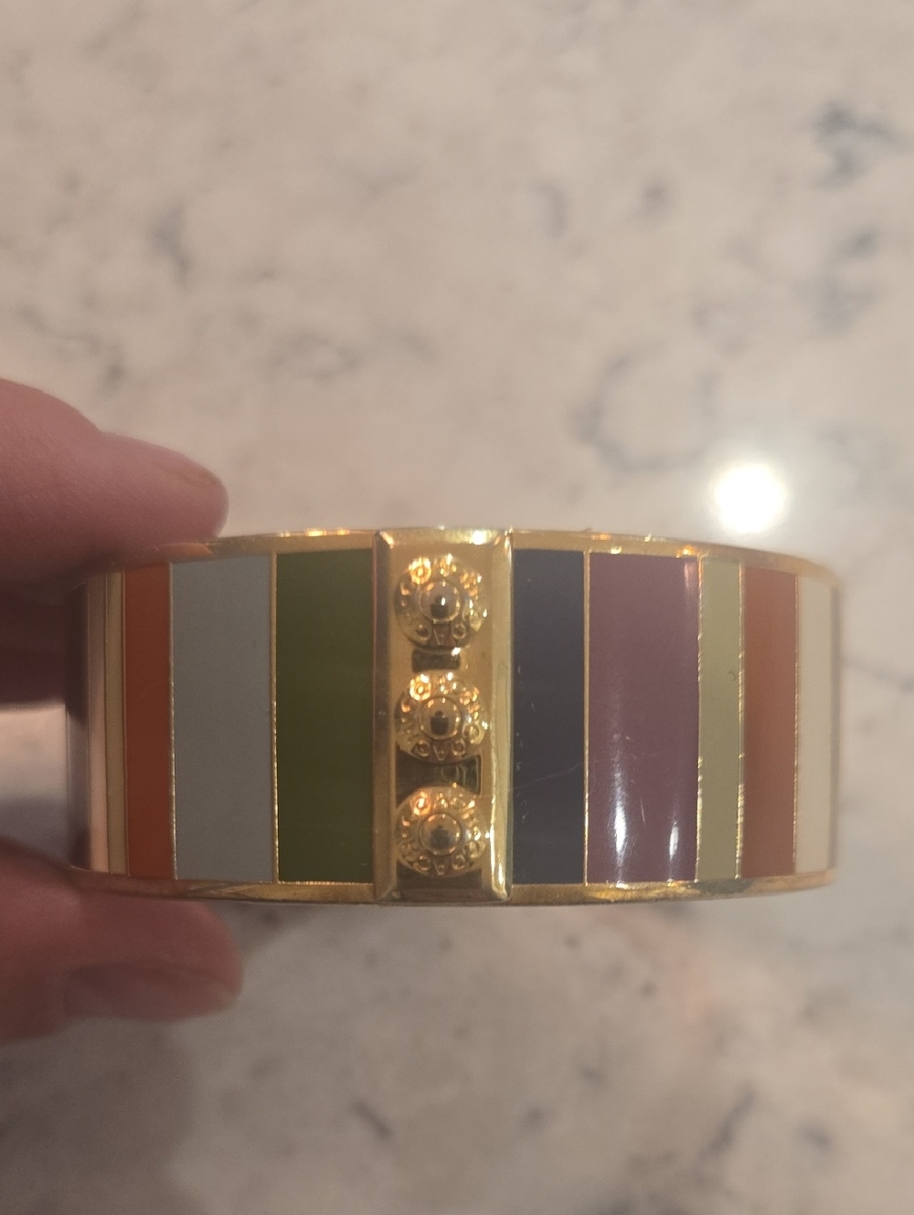 Coach Legacy Multicolored Stripe 1" Enamel Bangle Bracelet Gold Tone